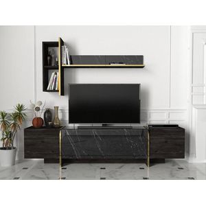 Tv-set met opbergruimte - Zwart marmereffect, donker naturel en goudkleurig - CADEBA II