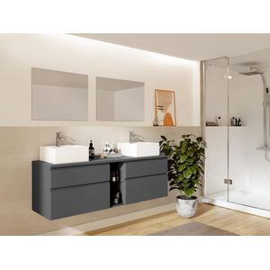 Hangend badkamermeubel met dubbele wastafel en spiegels - Grijs - 150 cm - MAGDALENA II