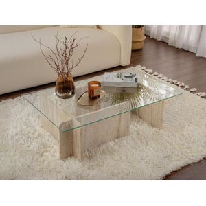 Salontafel van gehard glas - Travertijn-effect, beige en transparant - AZRA