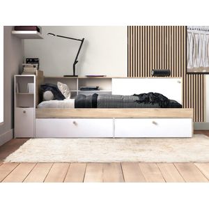 Bed 90 x 200 cm met opbergruimte - Wit en naturel + bedbodem + matras - LIARA