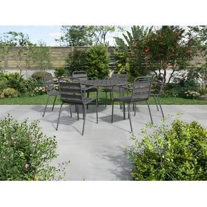 Tuineethoek van metaal - Een ronde tafel D130 cm en 6 opstapelbare fauteuils - Donkergrijs - MIRMANDE van MYLIA