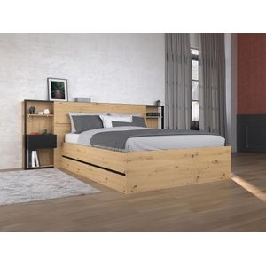 Bed met opbergruimte 140 x 190 cm met nachtkastjes - Kleur: houtlook en zwart - LUDARO