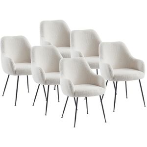 Set van 6 stoelen met armleuningen van boucléstof en metaal - Wit - TOYBA