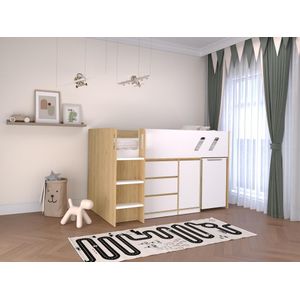 Combinatiebed 90 x 190 cm met bureau en opbergruimte - Kleuren: houtlook en wit + matras - SAGITI