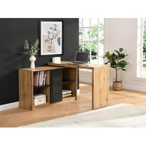 Uitschuifbaar bureau met draaibaar blad in 360° - Mdf - Naturel en zwart - PAVELO