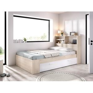 Bed met opbergruimte - 120 x 190 cm - Kleur: houtlook en wit + bedbodem + matras - VARDIEL