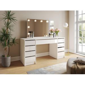 Dubbele kaptafel met spiegel en ledverlichting - 9 lades - Glanzend wit - JENEMI