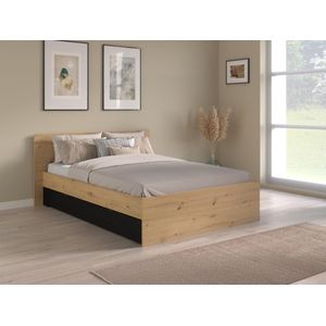 Bed met 2 lades 140 x 190/200 cm - Kleur: naturel en zwart + bedbodem - VARLY