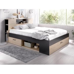 Bed met hoofdbord met opbergvakken en lades – 180 x 200 cm ��– Kleuren: houtlook en antraciet – LEANDRE