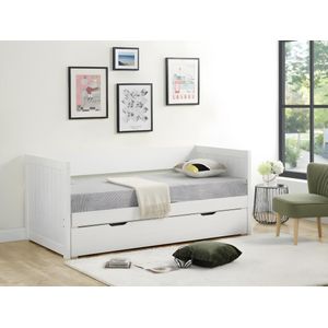 Uitschuifbed met lade - 2 x 90 x 190 cm - Grenen en MDF - Wit + matras - ALFIERO