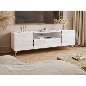 Tv-meubel met 2 deuren, 1 lade en 1 nis - Glanzend wit en goudkleurig - MARZIALO