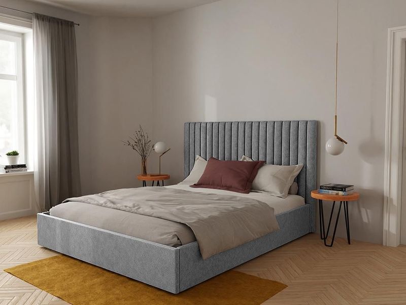Bed met opbergruimte met hoofdbord met verticale stiksels - 180 x 200 cm - Stof - Grijs - SARAH