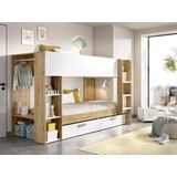 Stapelbed – 2 x 90 x 200 cm – Met opbergruimte en hangkast – Wit en houtlook – OZANA