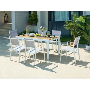 Tuineetset van aluminium en polywood: een verlengbare tafel L170/230 cm en 6 opstapelbare fauteuils - Licht naturel en grijs - MACILA van MYLIA