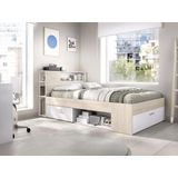 Bed met hoofdbord met opbergruimte en lade - 120 x 190 cm - Naturel en wit + bedbodem + matras - LEANDRE