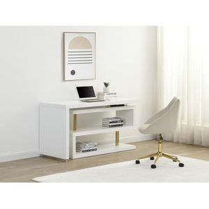 Uitschuifbaar bureau met draaibaar blad in 360° - Gelakt mdf - Wit en goudkleurig - NICEPHORE II