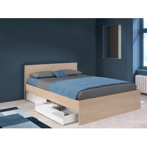 Bed met 2 laden 160 x 200 cm - Kleur: naturel en glanzend wit + lattenbodem + matras - VELONA