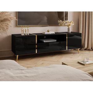 Tv-meubel met 2 deuren, 1 lade en 1 nis - Glanzend zwart en goudkleurig - MARZIALO