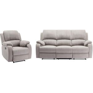 Relax-zitbank 3 personen en relax-fauteuil in lichtgrijze microvezel BRODY