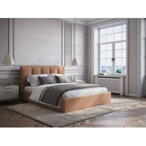 Bed met opbergruimte 160 x 200 cm met hoofdbord met verticale naden - Stof - Terracotta - Met matras - KILACLO