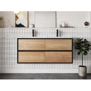 Hangend wastafelmeubel - Licht naturel en zwart - 120 cm - LANNICK