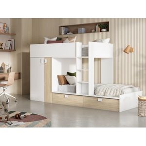 Stapelbed JUANITO - Ingebouwde kast - 2x90x190cm - Wit en eiken