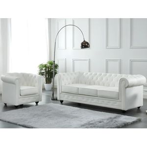 Vente-unique Driezitsbank en fauteuil van buffelleer CHESTERFIELD - Wit L 205 cm x H 72 cm x D 88 cm