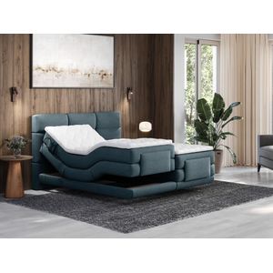 Set boxspringbed met hoofdbord met capitons + elektrische relaxbedbodems + matras + dekmatras - 2 x 90 x 200 cm - Stof - Blauw - LODI van PALACIO