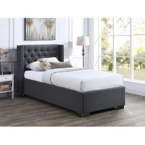 Bed met opbergruimte – 90 x 200 cm – Met gecapitonneerd hoofdbord – Stof – Grijs – MASSIMO