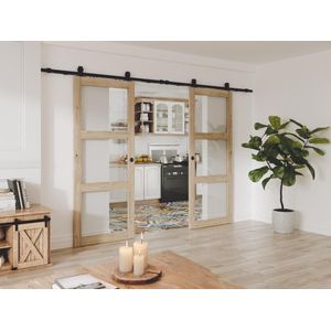 Dubbele schuifdeur met wandbevestiging in hout en gehard glas - 3 vensters - 2 x H205 x L83 cm - ACOSTA II