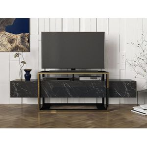Tv-meubel met 2 nissen - Zwart marmereffect en goudkleurig - COMEBI II