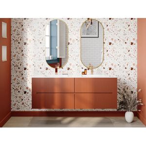 Zwevend, geribbeld wastafelmeubel in terracotta - 150 cm - PAVANI