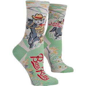 Blue Q - Hoge Sokken - Groen/Grijs - Cowboy Kat Print