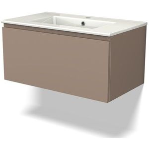 Modulo Badkamermeubel met wastafel | 80 cm Taupe Greeploos front Keramiek 1 lade