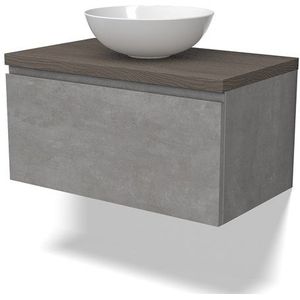 Modulo Plato Badkamermeubel voor waskom | 80 cm Lichtgrijs beton Greeploos front Donkerbruin eiken blad 1 lade