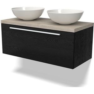 Modulo Plato Badkamermeubel voor waskom | 100 cm Zwart eiken Vlak front Lichtgrijs eiken blad 1 lade