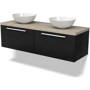 Modulo Plato Badkamermeubel voor waskom | 140 cm Zwart eiken Vlak front Lichtgrijs eiken blad 2 lades naast elkaar