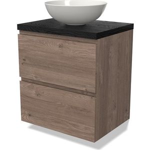 Modulo Plato Badkamermeubel voor waskom | 60 cm Middenbruin eiken Greeploos front Zwart eiken blad 2 lades onder elkaar