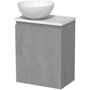 Toiletmeubel met waskom | 41 cm Lichtgrijs beton Greeploos front Hoogglans wit Keramiek waskom Hoogglans wit blad