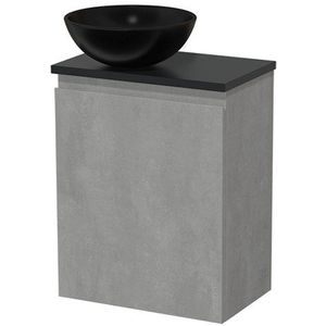 Toiletmeubel met waskom | 41 cm Lichtgrijs beton Greeploos front Mat zwart Keramiek waskom Mat zwart blad