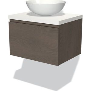Modulo Plato Badkamermeubel voor waskom | 60 cm Donkerbruin eiken Greeploos front Mat wit blad 1 lade