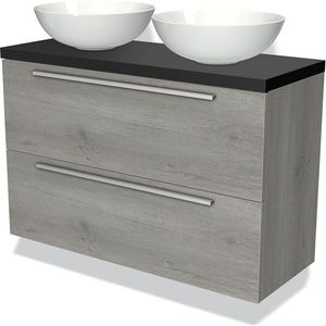 Modulo Plato Slim Badkamermeubel voor waskom | 100 cm Grijs eiken Vlak front Mat zwart blad 2 lades onder elkaar