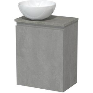 Toiletmeubel met waskom | 41 cm Lichtgrijs beton Greeploos front Hoogglans wit Keramiek waskom Grijs eiken blad