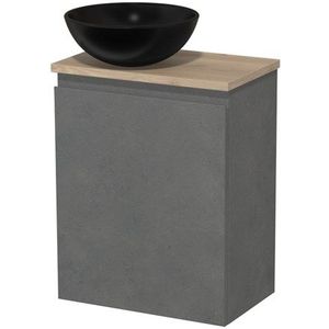 Toiletmeubel met waskom | 41 cm Donkergrijs beton Greeploos front Mat zwart Keramiek waskom Lichtbruin eiken blad