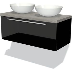 Modulo Plato Badkamermeubel voor waskom | 100 cm Hoogglans zwart Vlak front Grijs eiken blad 1 lade
