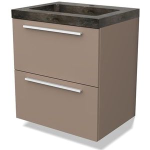 Modulo Badkamermeubel met wastafel | 60 cm Taupe Vlak front Natuursteen 2 lades onder elkaar