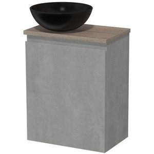 Toiletmeubel met waskom | 41 cm Lichtgrijs beton Greeploos front Mat zwart Keramiek waskom Eiken blad