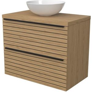 Modulo Plato Badkamermeubel voor waskom | 80 cm Naturel fineer Strook front Naturel fineer blad 2 lades onder elkaar