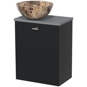 Toiletmeubel met waskom | 41 cm Mat zwart Lamel front Dark emperador Natuursteen waskom Middengrijs blad