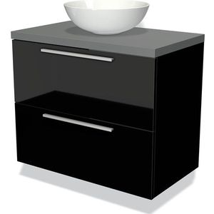 Modulo Plato Badkamermeubel voor waskom | 80 cm Hoogglans zwart Vlak front Middengrijs blad 2 lades onder elkaar